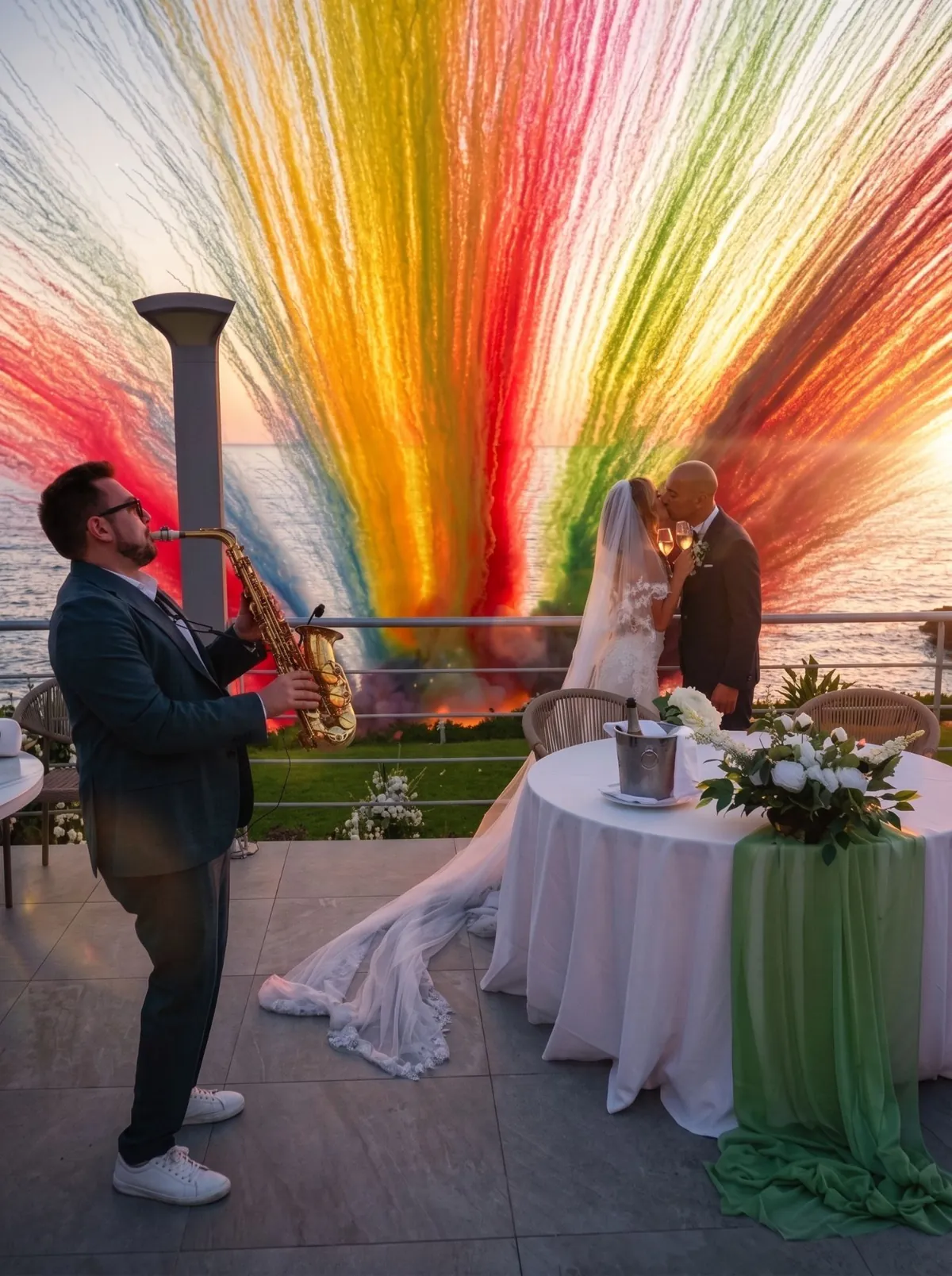 Sposi sotto l'esplosione di colori, col sassofono dal vivo